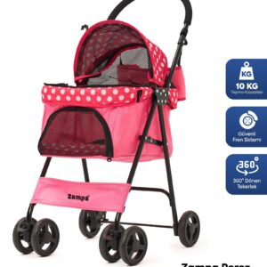 Zampa Perez Pembe Katlanabilir Kedi Köpek Arabası BL07-P – Şık, Konforlu ve 15 Kg Taşıma Kapasiteli