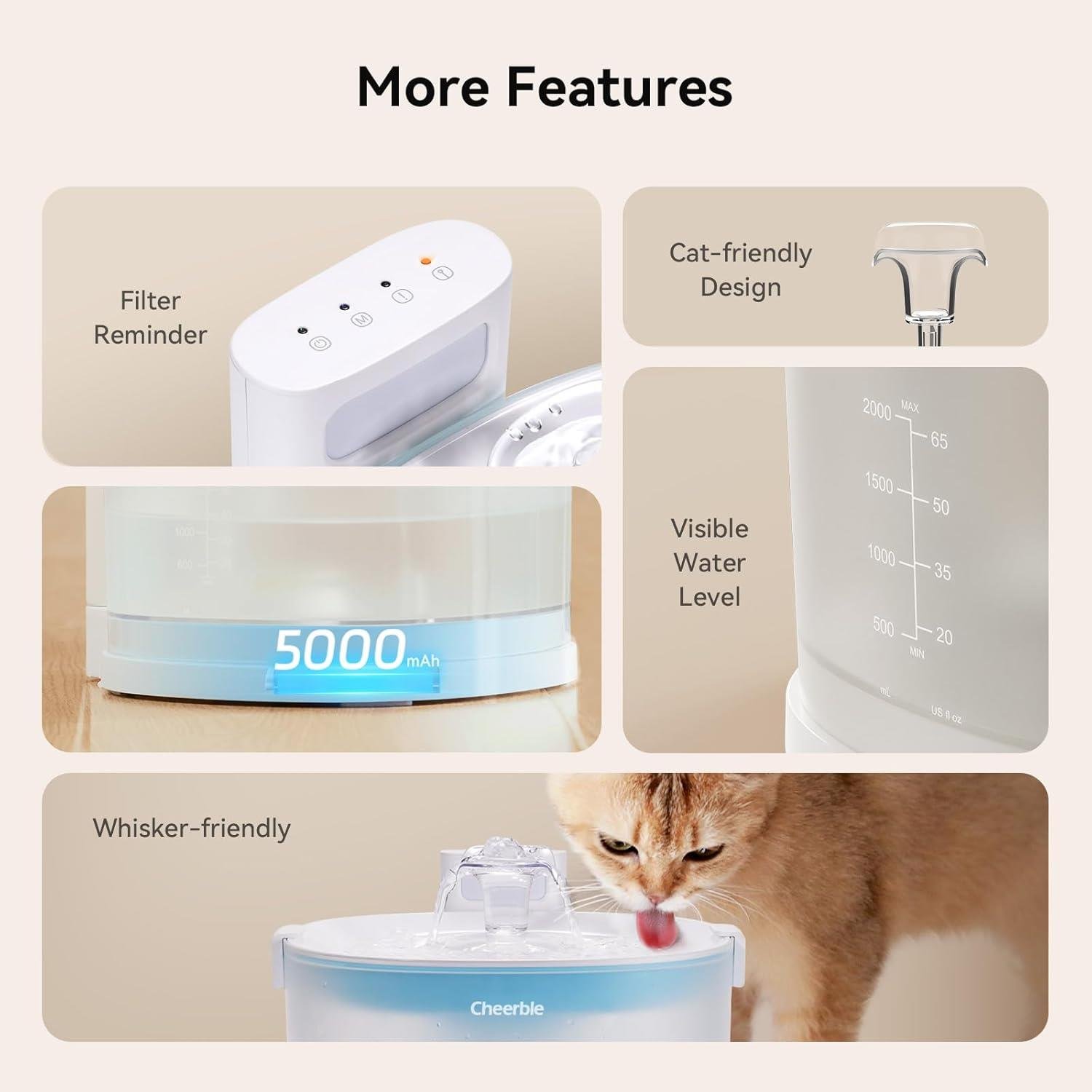 Cheerble E1 Otomatik Kedi Su Pınarı 2 Lt – Şarjlı, Sessiz, Filtreli ve Taşınabilir Tasarım - Görsel 9