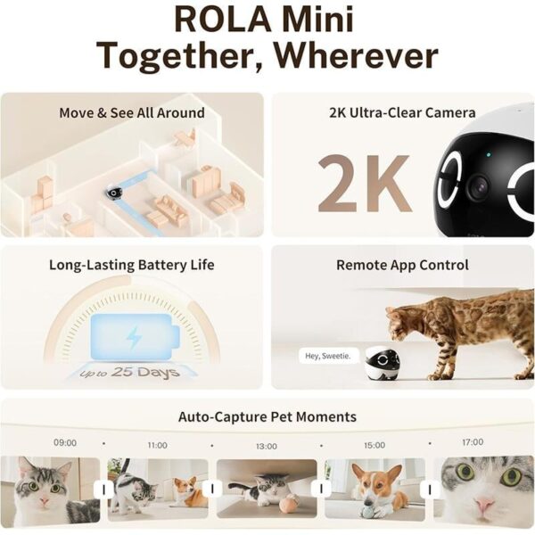 Enabot ROLA Mini 2K Kameralı Taşınabilir Hayvan Robotu / Evcil Dostunuzla Her Yerde Bağlantıda Kalın - Görsel 6