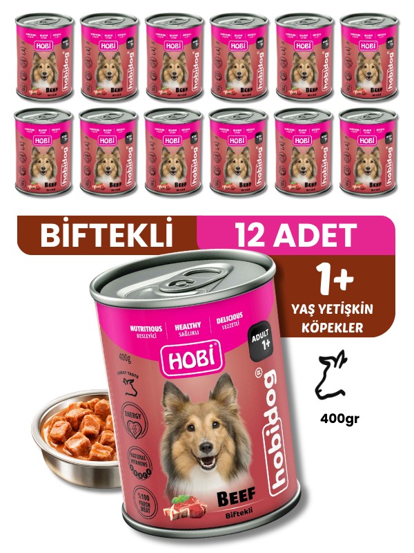 Hobi Hobidog Biftekli Yetişkin Köpek Konservesi 400 Gr x 12 Adet | Tam ve Dengeli Yaş Mama
