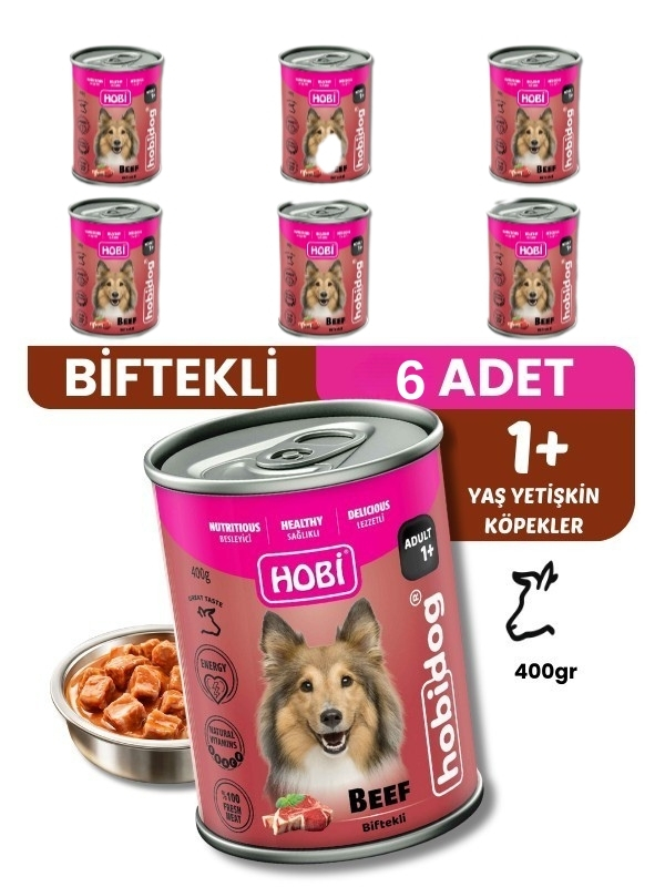 Hobi Hobidog Biftekli Yetişkin Köpek Konservesi 400 Gr x 6 Adet | Tam ve Dengeli Yaş Mama