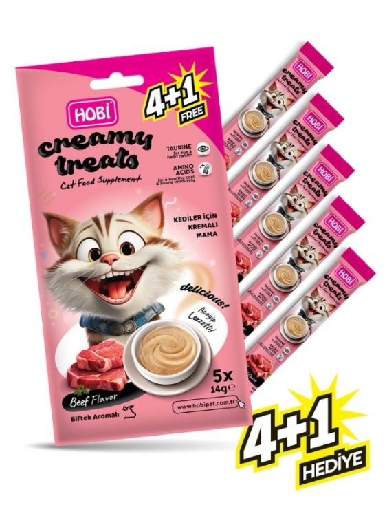 Hobi Biftek Aromalı Krema Kedi Ödül Maması 14 gr x 5 – Lezzetli ve Sağlıklı Ödül