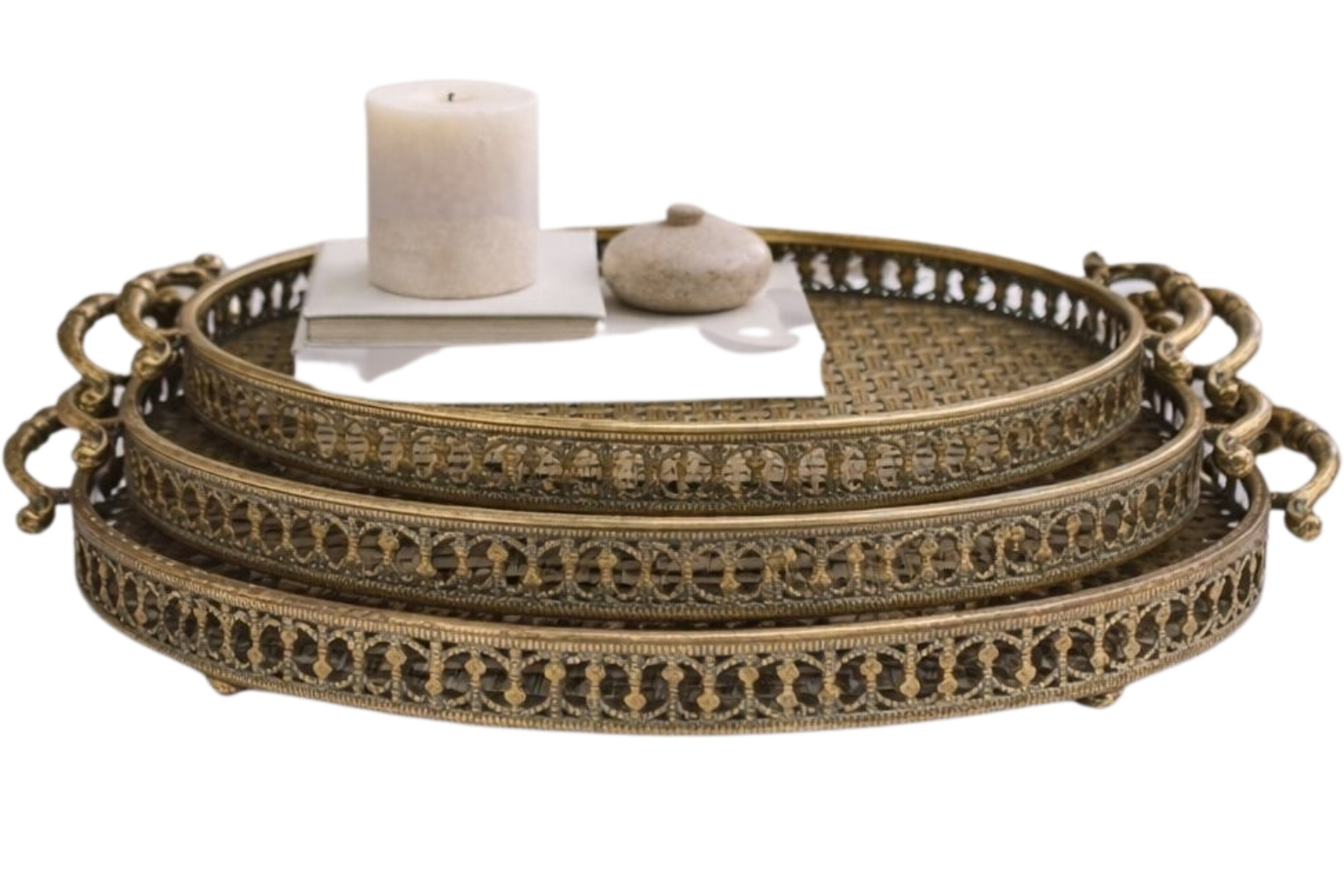 Vero Konsept Antik Gold 3’lü Oval Ferforje Tepsi Seti VR-ST03 – Vintage Sunum ve Dekorasyon - Görsel 3