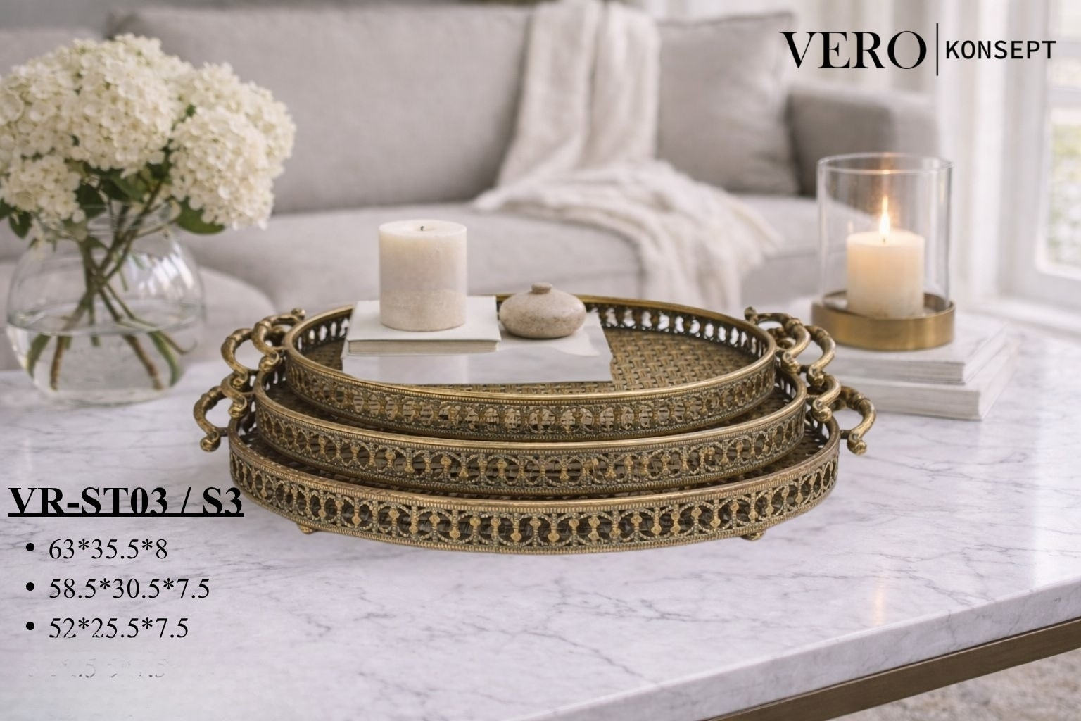 Vero Konsept Antik Gold 3’lü Oval Ferforje Tepsi Seti VR-ST03 – Vintage Sunum ve Dekorasyon