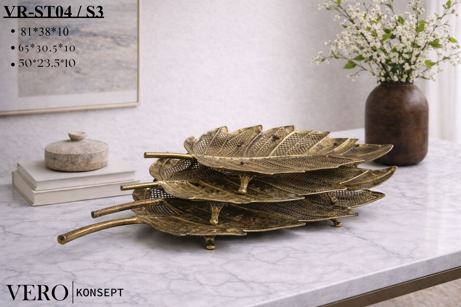 Vero Konsept Antik Gold Yaprak Formlu 3’lü Dekoratif Tepsi Seti VR-ST04 – Şık Sunum ve Zarif Dekorasyon