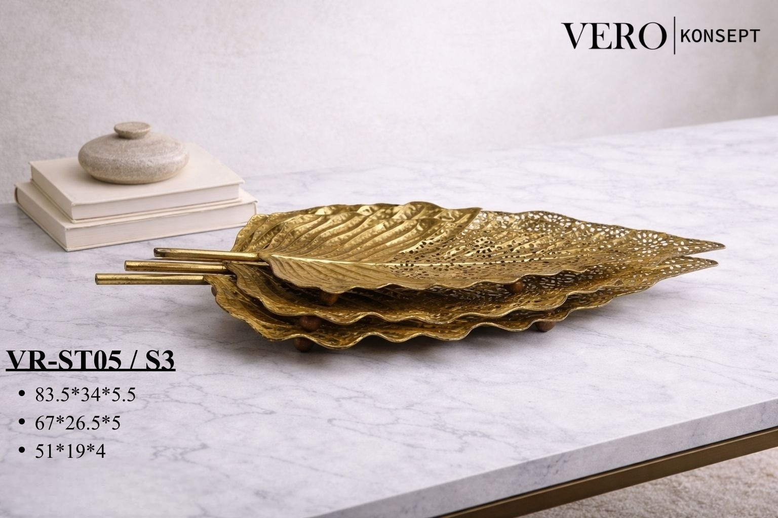 Vero Konsept Lüks Antik Gold 3’lü Yaprak Tasarım Sunum Seti VR-ST05 – Şık Sofralar İçin Zarif Ferforje Tepsi Takımı