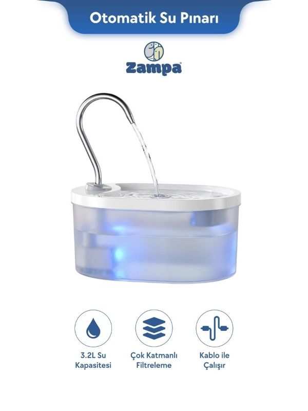 Zampa PWF-01 Oval Pet Otomatik Su Pınarı 3.2L – Kediler ve Köpekler İçin Taze Su Çözümü