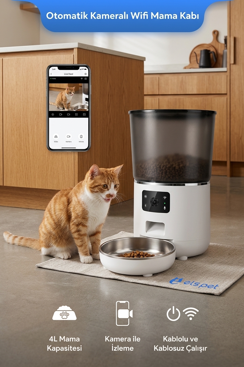 ELS Pet Kameralı WiFi Akıllı Otomatik Kedi ve Köpek Mama Kabı 4 L Uzaktan Kontrollü Mama Besleyici (ELS-PF12) - Görsel 2