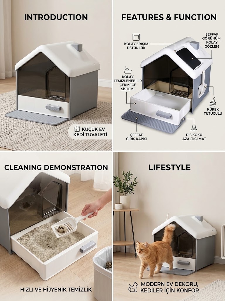 Hobi MSP-112 Premium Kapalı Kedi Tuvaleti | Ev Şeklinde Modern Tasarım - Görsel 2