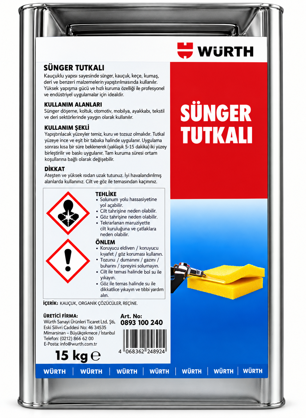 WÜRTH Sünger Tutkalı 15 Kg | Tekstil, Sünger ve Kumaş Yapıştırıcı Solvent Bazlı